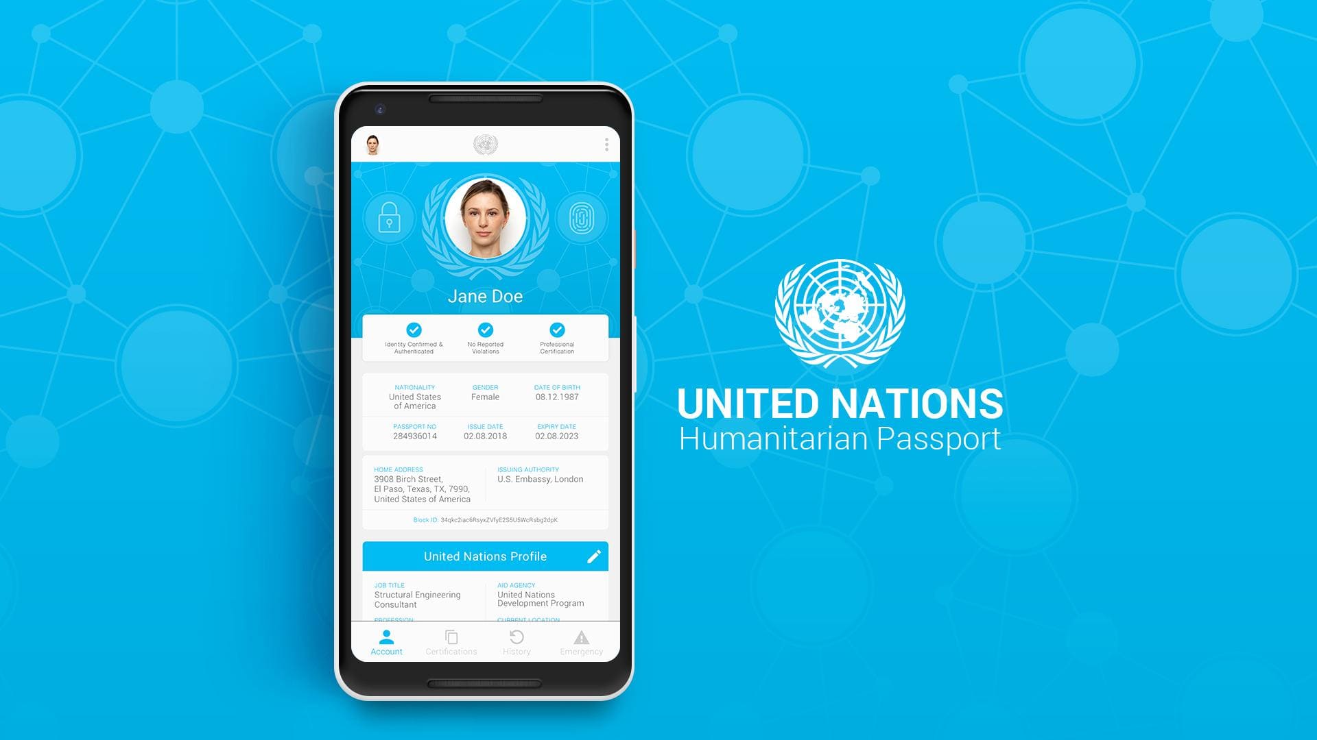The United Nations Humanitarian Passport profile screen on a phone
