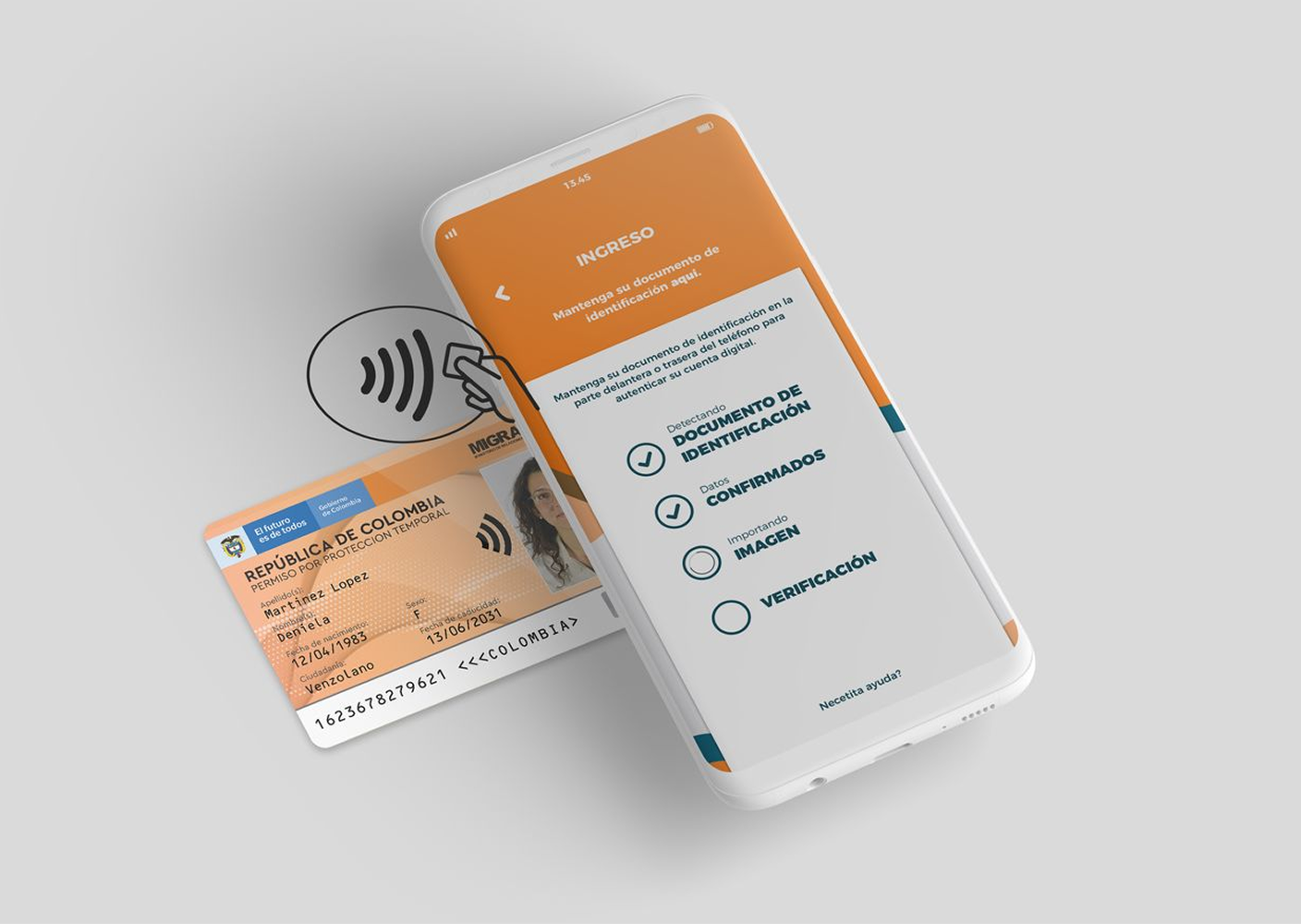 The PID card tapping against a phone running the PID app, mid NFC authentication