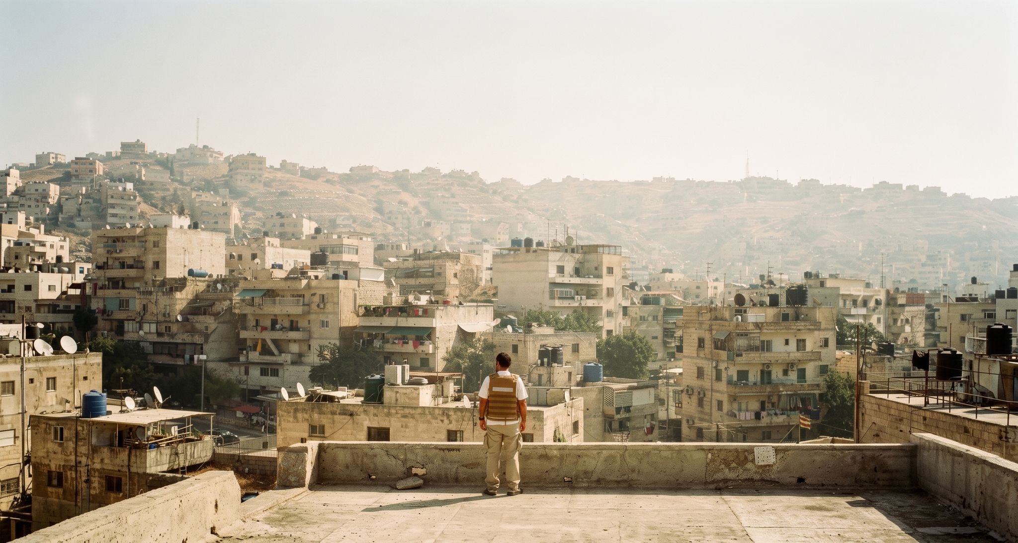 An aid worker on a rooftop overlooking a dense Lebanese hillside city in morning haze