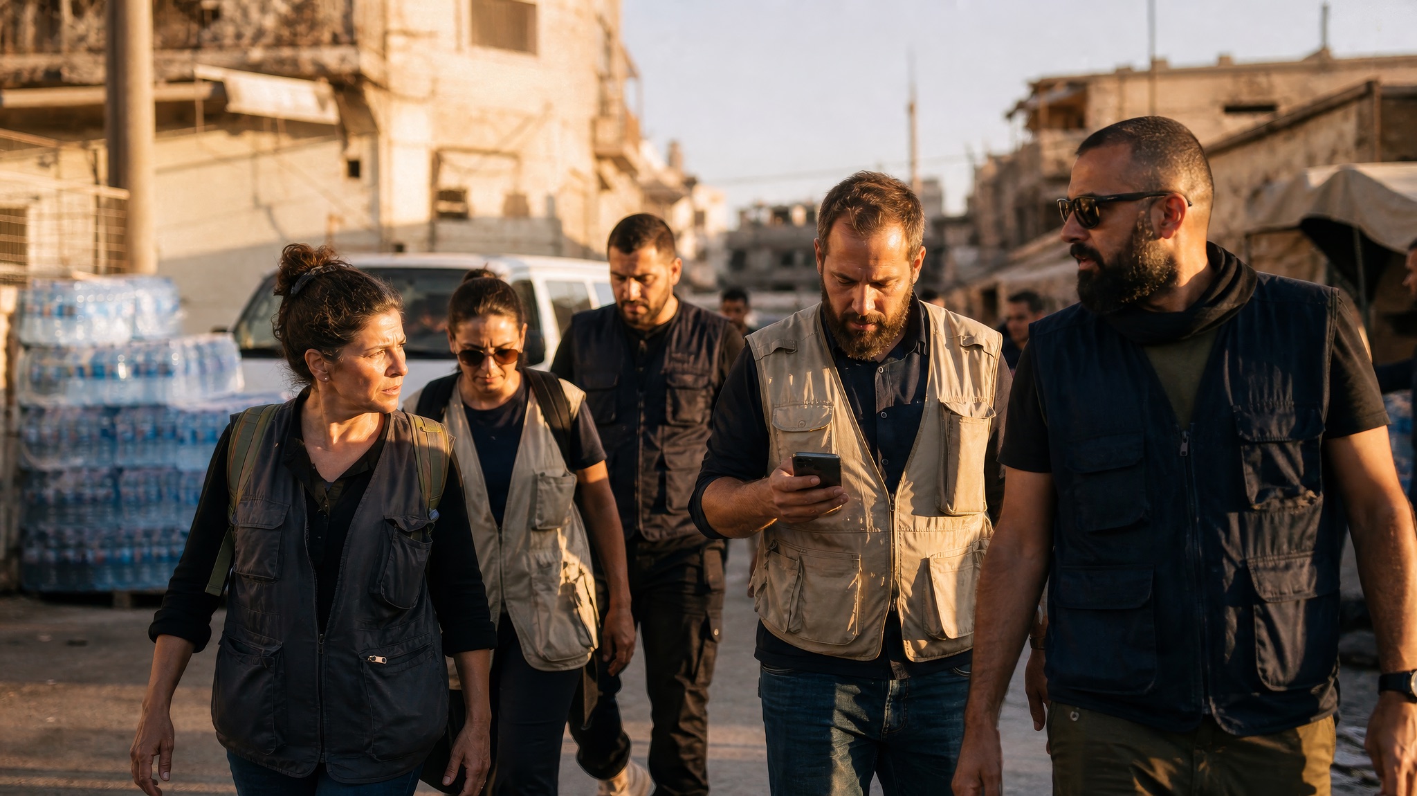 A field research team walking a street in Lebanon, one member reading from a phone