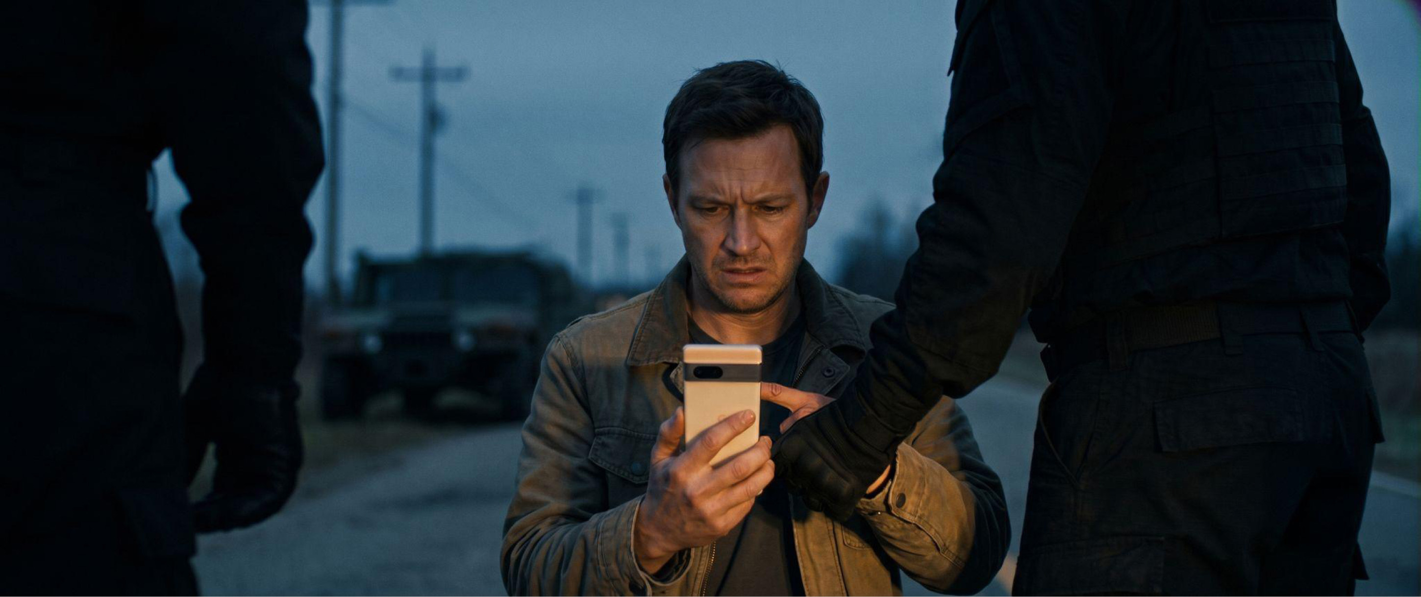 A traveller made to unlock his phone between two armed men at a checkpoint at dusk
