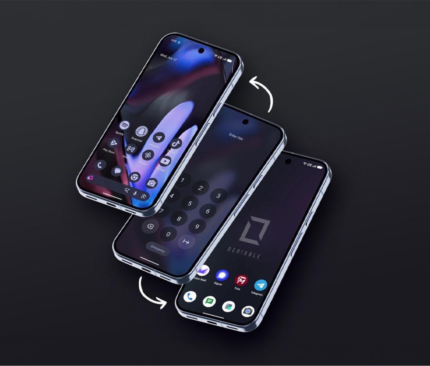 Three views of a Deniable phone: an ordinary home screen, the PIN entry, and the hidden environment with its own apps