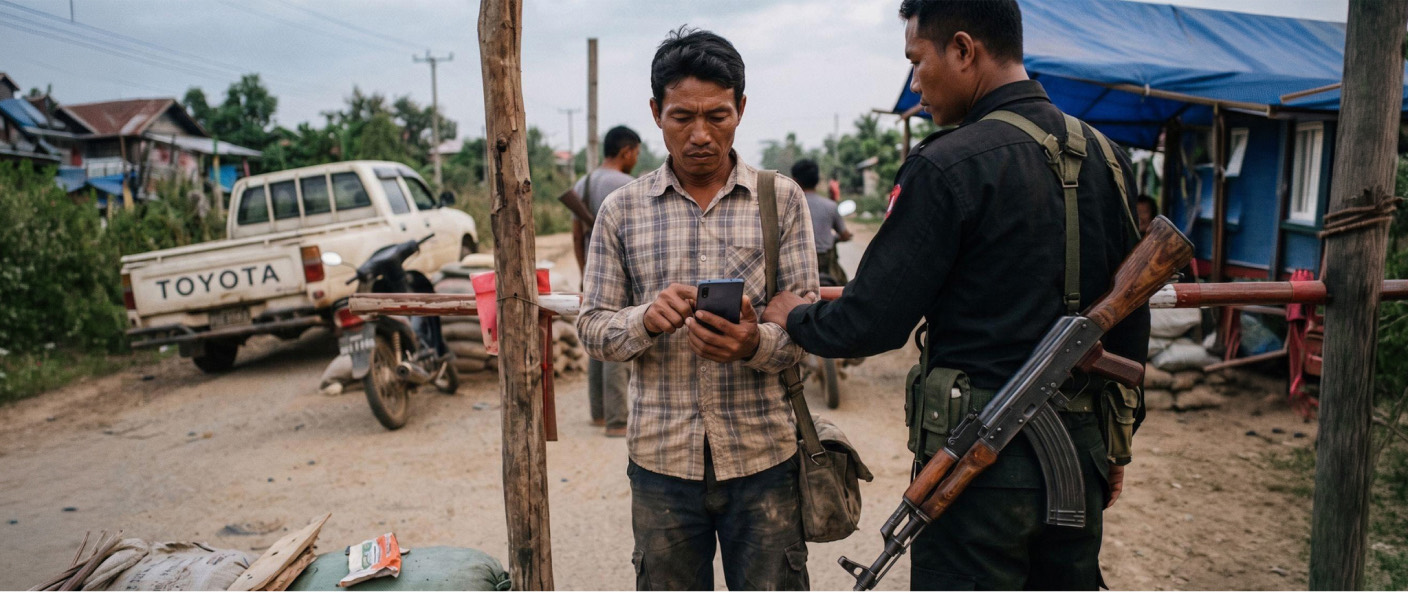 A checkpoint guard inspecting a traveller's unlocked phone