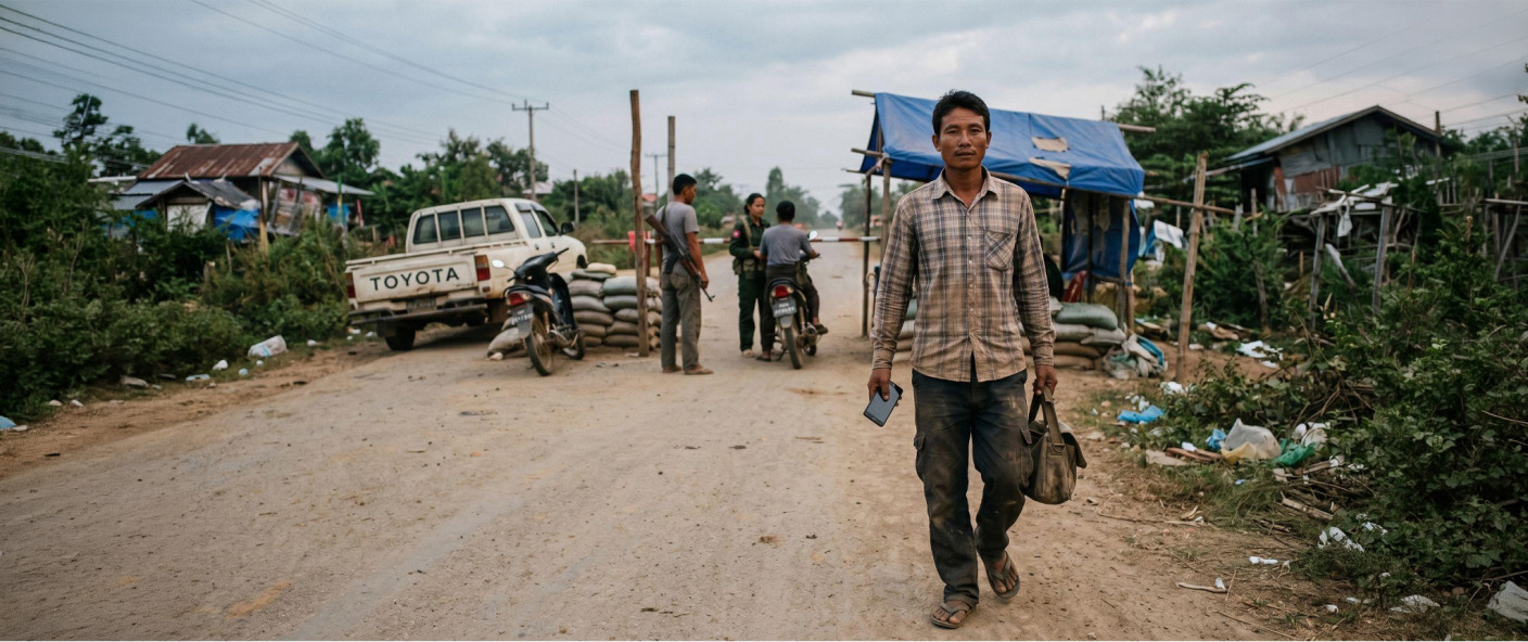 The same traveller walking on through the checkpoint, phone in hand