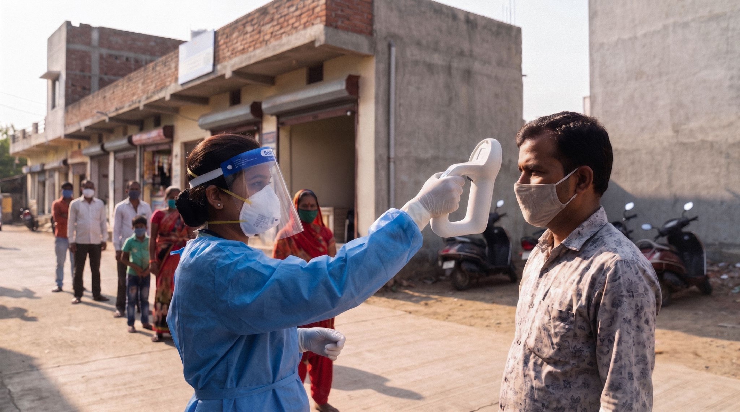 A health worker taking a contactless temperature reading in the field with the Theia thermometer